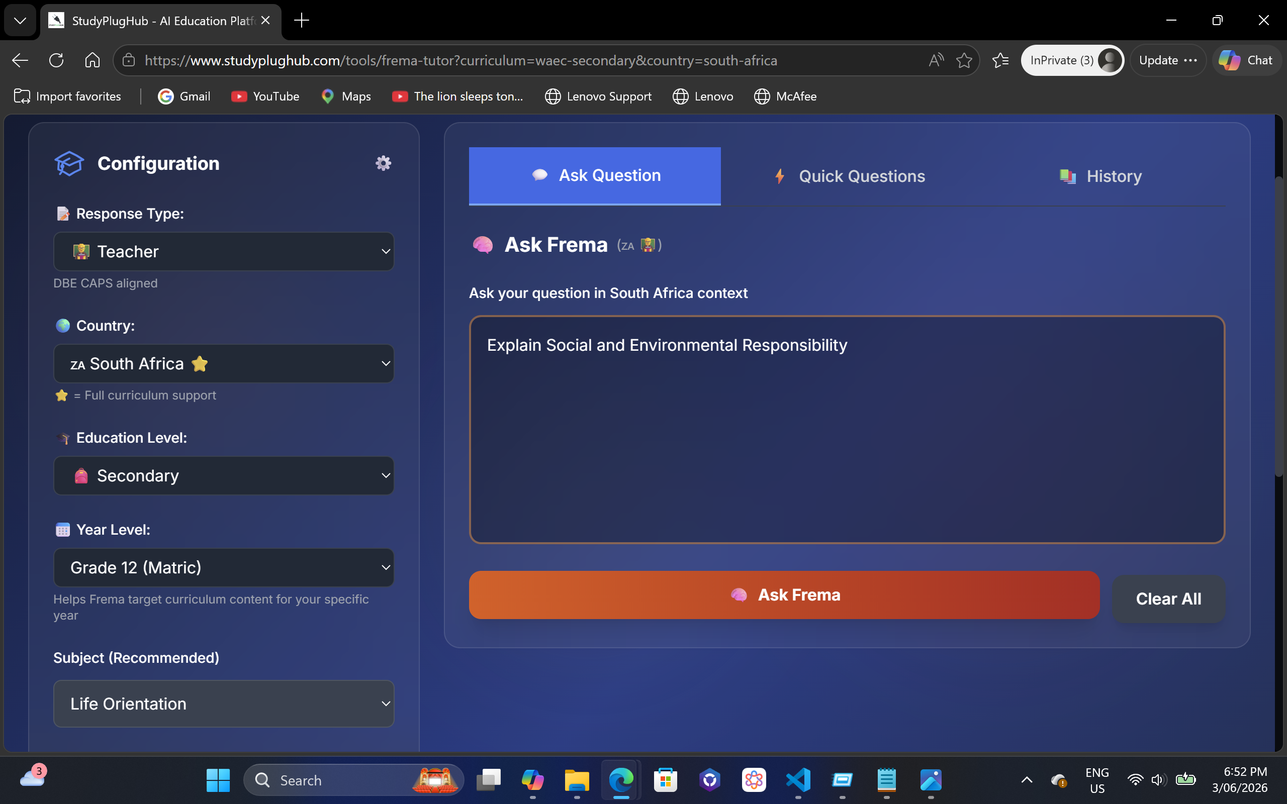 Frema, the AI tutor β Socratic answers on CAPS subjects, Grades 7 to 12